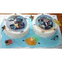 Twin round 30th birthday cakes featuring photo collage toppers